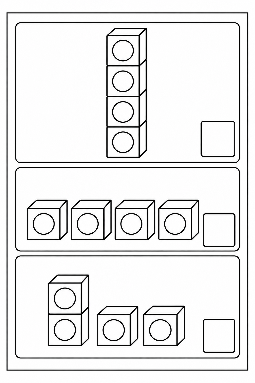 Black-and-white sequencing sheet with 3 mixed-up scenes, empty number boxes and a complete thin border. In page order: Add the remaining blocks to complete the four-block tower. / Place the four loose blocks on the floor. / Stack two blocks, leaving two beside them.