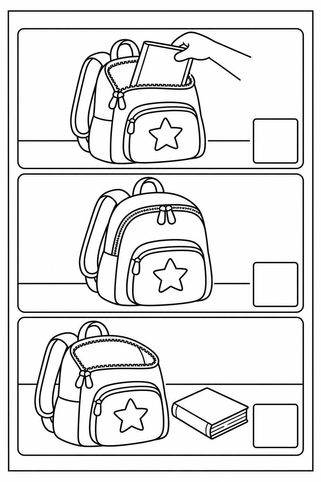 Black-and-white sequencing sheet with 3 mixed-up scenes, empty number boxes and a complete thin border. In page order: Place the book inside the backpack. / Close the packed backpack. / Put the book beside the open backpack.