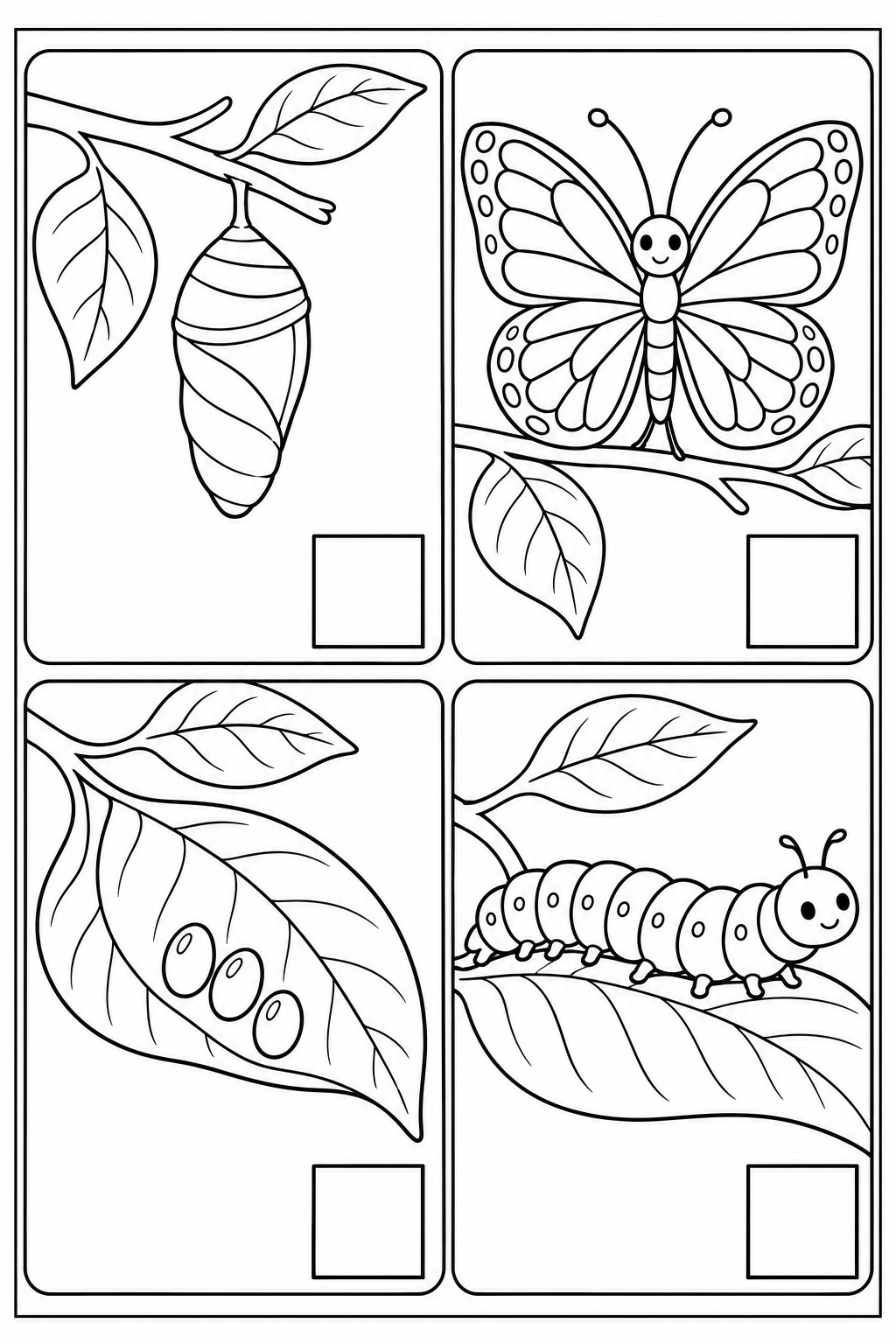Black-and-white sequencing sheet with 4 mixed-up scenes, empty number boxes and a complete thin border. In page order: The caterpillar becomes a chrysalis. / An adult butterfly emerges. / The butterfly lays eggs on a leaf. / A caterpillar hatches and grows.
