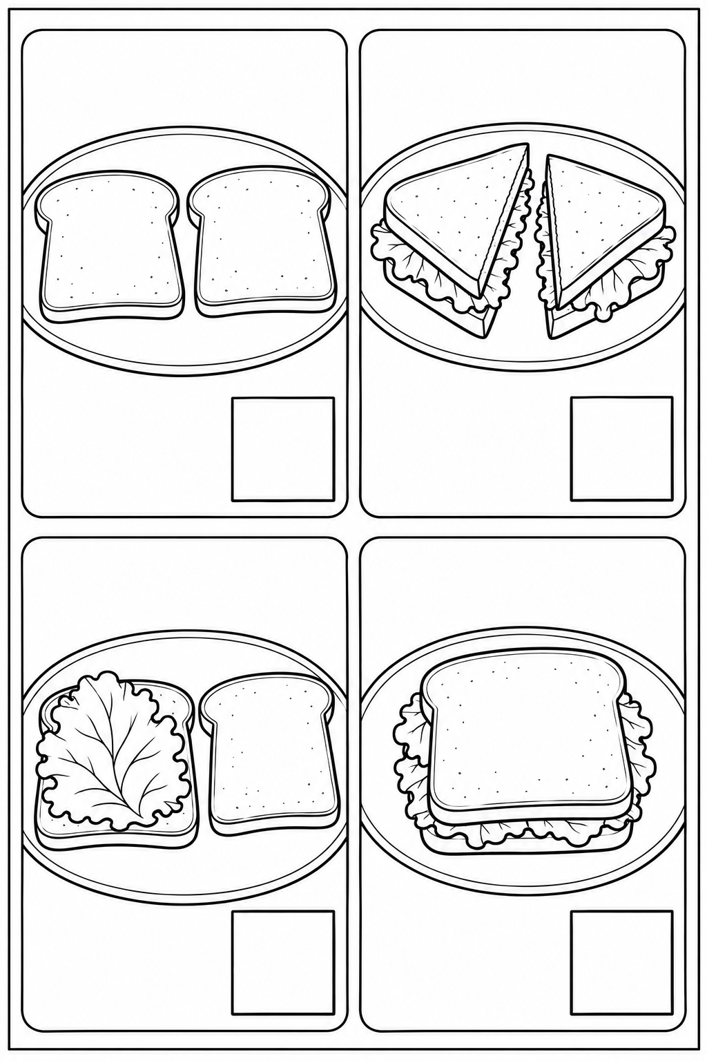 Black-and-white sequencing sheet with 4 mixed-up scenes, empty number boxes and a complete thin border. In page order: Put two separate slices of bread on the plate. / Ask an adult to cut the finished sandwich into two halves. / Place lettuce on one slice. / Cover the lettuce with the second slice.