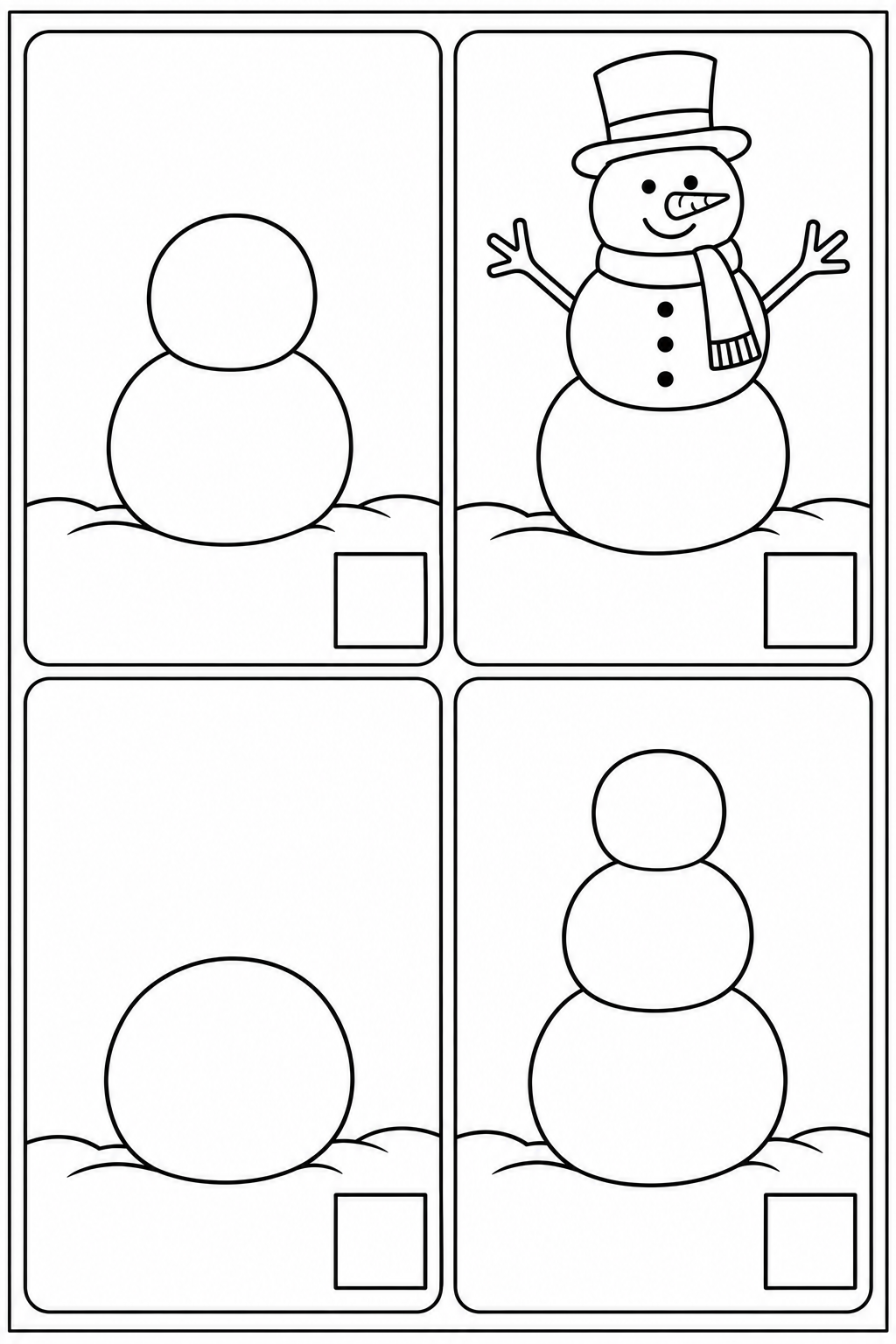 Black-and-white sequencing sheet with 4 mixed-up scenes, empty number boxes and a complete thin border. In page order: Stack a medium snowball on the large one. / Add the hat, scarf, face and stick arms. / Place one large snowball on the ground. / Add the small snowball for the head.