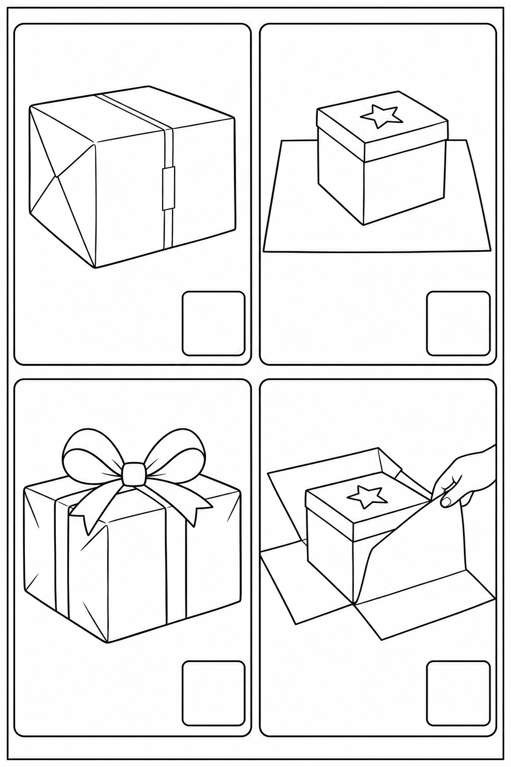 Black-and-white sequencing sheet with 4 mixed-up scenes, empty number boxes and a complete thin border. In page order: Finish wrapping and tape the paper closed. / Place the bare box on the flat wrapping paper. / Add ribbon and a bow to the wrapped gift. / Fold the paper flaps around the box.