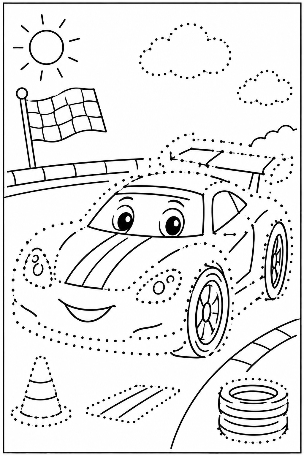 Trace and color page with a smiling race car on a track: the car body, wheels, a cone, stacked tires and clouds are dotted for tracing, with a checkered flag and a sun drawn in solid lines.