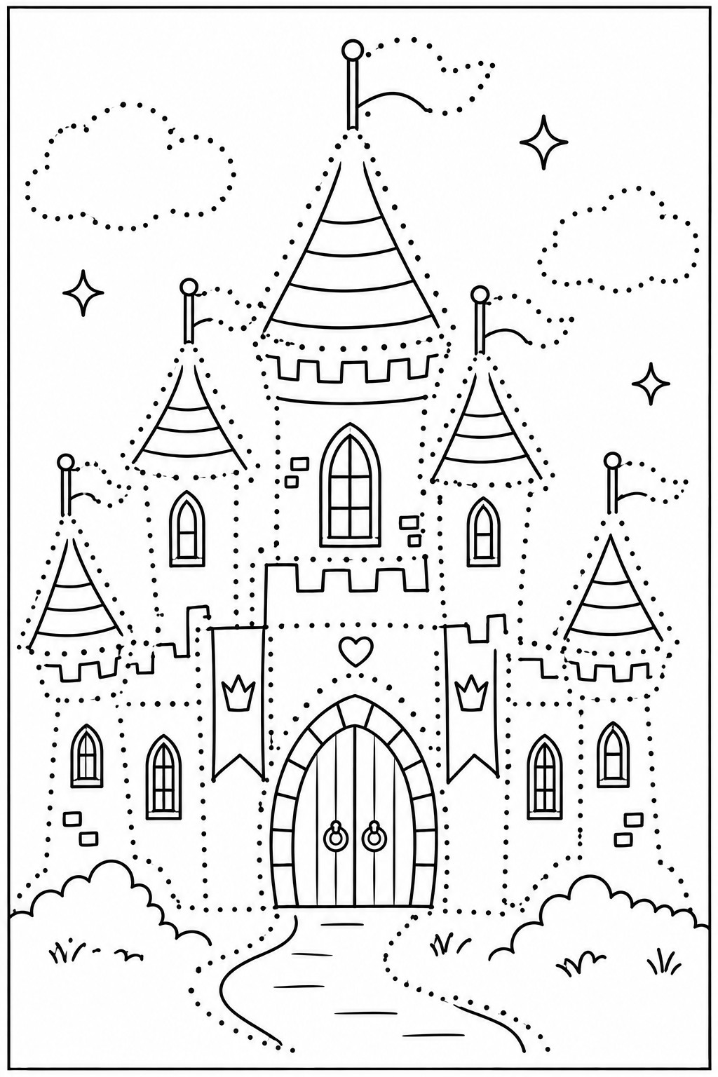 Trace and color page with a tall fairytale castle with pointed towers, flags, an arched gate and crown banners; walls, towers and clouds are dotted for tracing, and a path and bushes lead to the gate.