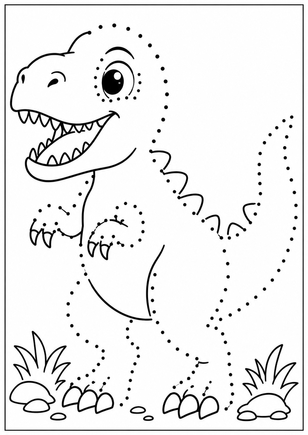 Trace and color page with a smiling T-Rex with an open mouth, small arms and back spikes; its body outline, legs and claws are dotted, with grass tufts and rocks at the bottom.