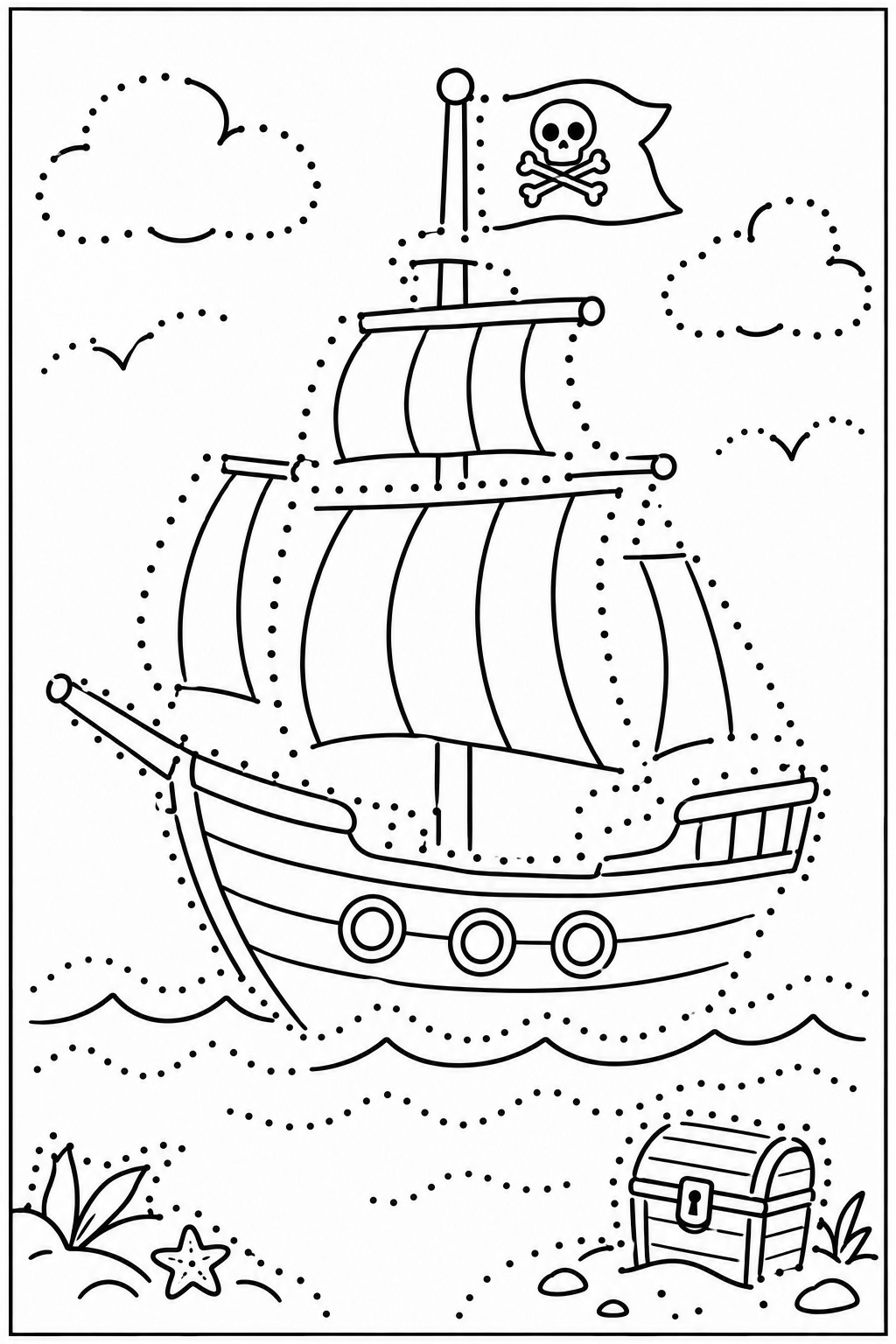 Trace and color page with a pirate ship with striped sails and a skull flag on dotted waves, clouds and birds above, and a treasure chest and a starfish in the bottom corner.