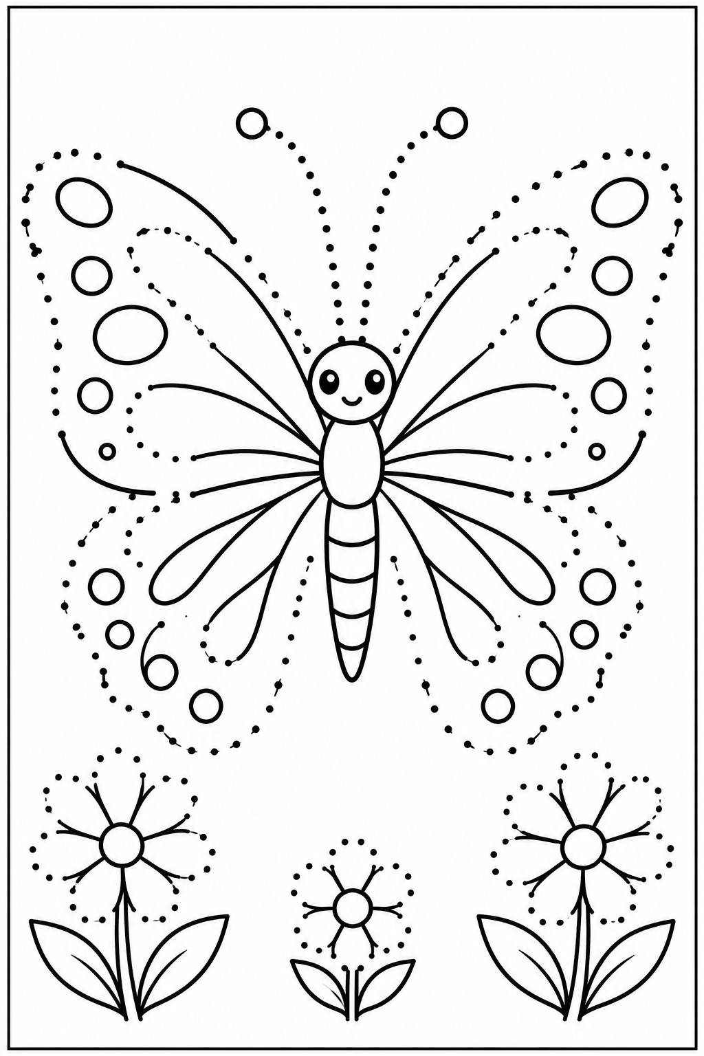 Trace and color page with a smiling butterfly with spread wings whose outer edges, round spots and antennae are dotted for tracing, above three flowers at the bottom.