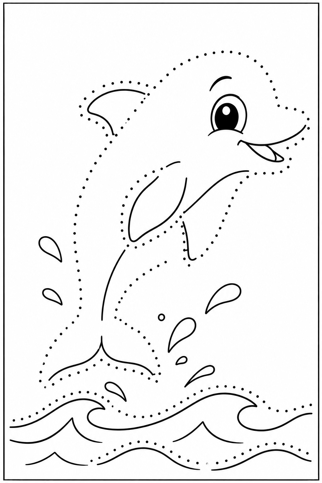 Trace and color page of a smiling dolphin leaping above ocean waves: the body, fin and some waves are dotted for tracing, and water drops splash around it.