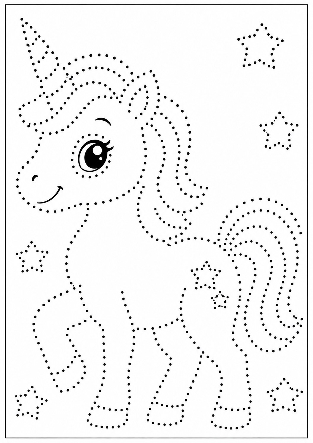 Trace and color page with a smiling unicorn with a spiral horn, big eyes, a curling mane and tail, and stars around it; the outline, mane and tail swirls are dotted for tracing.