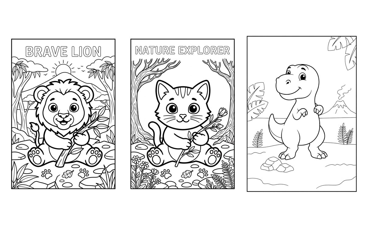 Printable lion, explorer and baby T-Rex coloring pages for kids