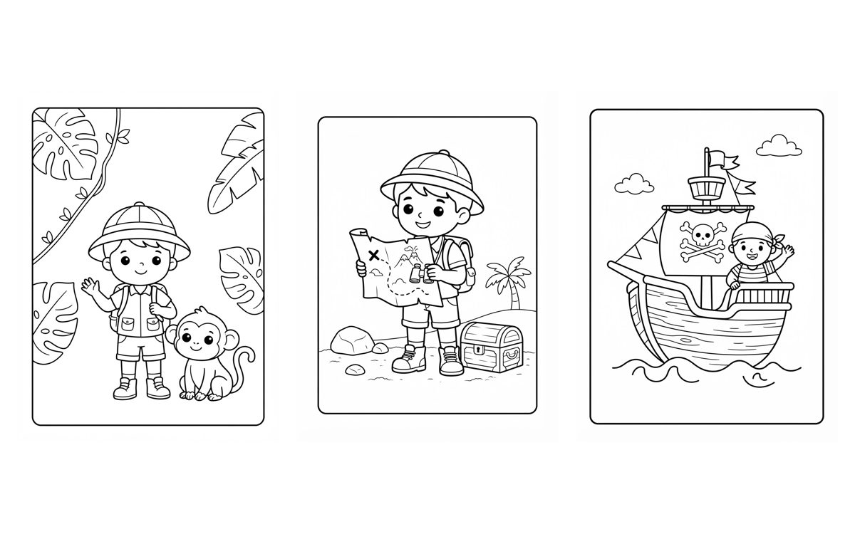 Printable Little Explorers coloring pages with a jungle explorer, a treasure map hunter and a pirate ship