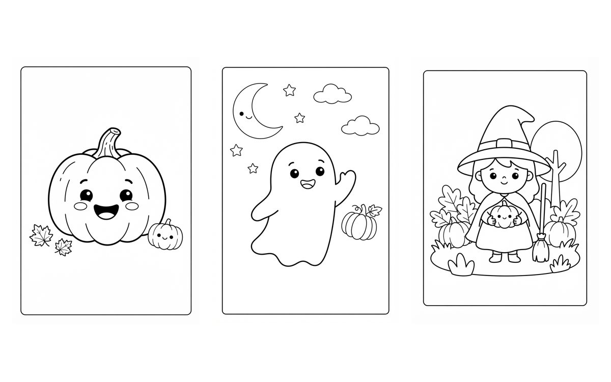 Printable Halloween coloring pages for kids with friendly Halloween characters