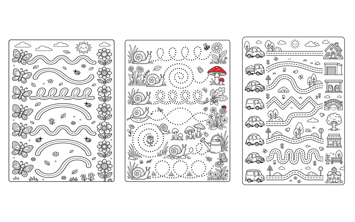 Printable pencil control tracing pages with butterfly paths, snail trails and race car roads