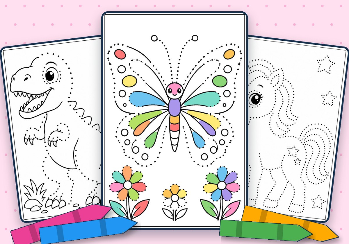 Trace-and-color worksheets showing a dinosaur, butterfly and unicorn, with selected details colored against a pink background.