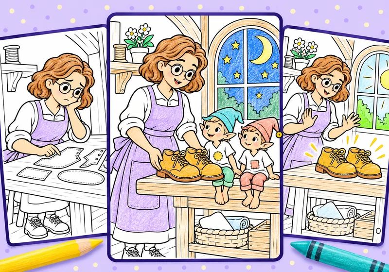 Coloring pages from Nina and the Midnight Shoes, showing a shoemaker, two elves and their workshop, with selected details colored.