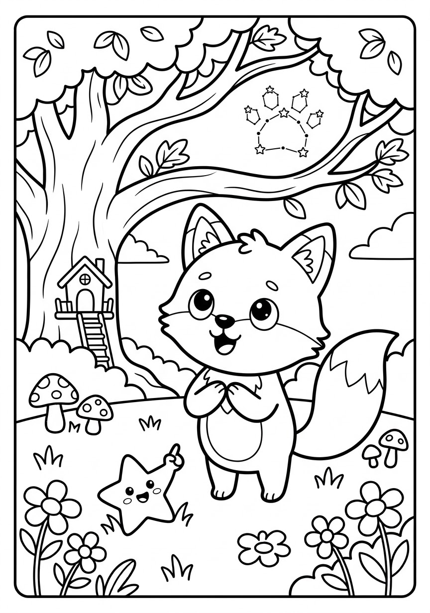 Cover illustration: Benny the little fox smiling with his paws together under a big tree with a treehouse, while a small smiling star points up at a paw-shaped constellation in the sky.