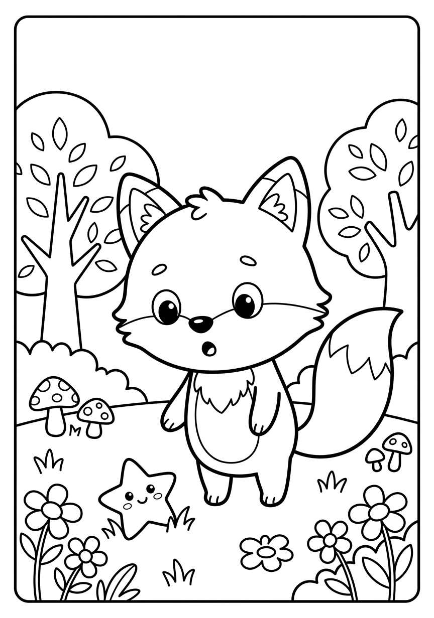 Coloring scene: Benny the little fox standing among trees, mushrooms and flowers, looking with surprise at a small smiling star lying in the grass.