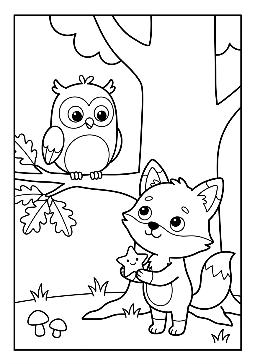 Coloring scene: Benny the fox holding the little star under a big oak tree while Oliver the owl sits on a branch above him.