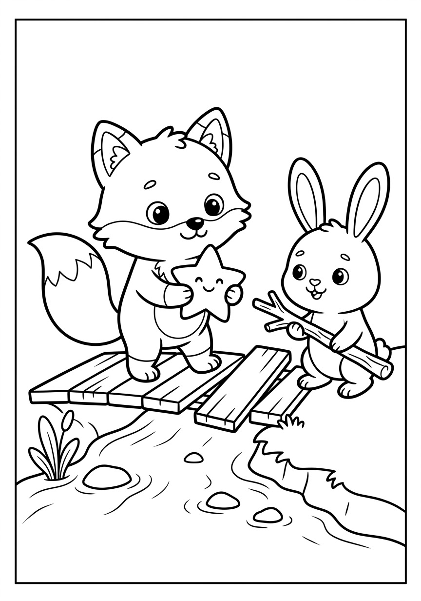 Coloring scene: Benny the fox holding the little star on a wooden bridge with a loose plank over a stream, while a rabbit holds a sturdy branch to fix it.