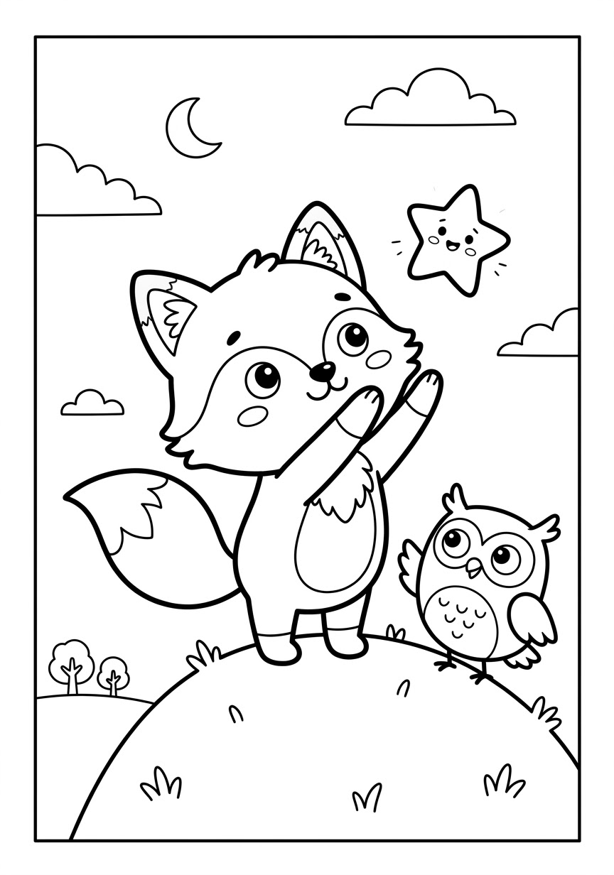 Coloring scene: Benny the fox on top of the hill reaching up toward the little star in the night sky, with Oliver the owl beside him, a crescent moon and clouds.