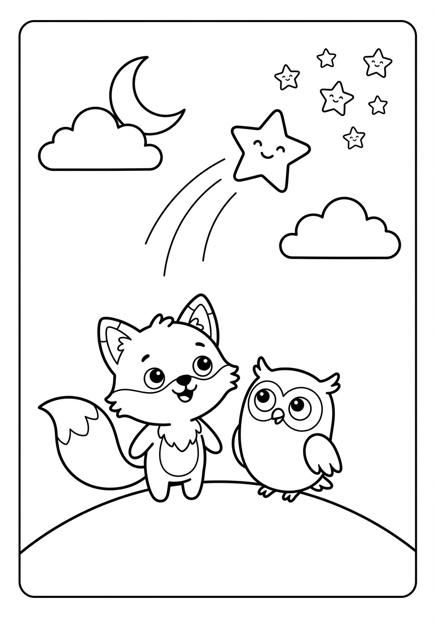 Coloring scene: the little star flying up through the night sky and leaving a sparkling trail, with smaller smiling stars above and Benny the fox and Oliver the owl watching from the hill.