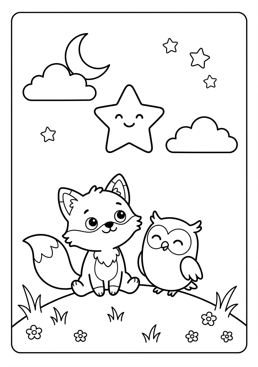 Coloring scene: Benny the fox and Oliver the owl sitting together on a grassy hill under the moon, looking up at one big smiling star that shines brighter than the others.