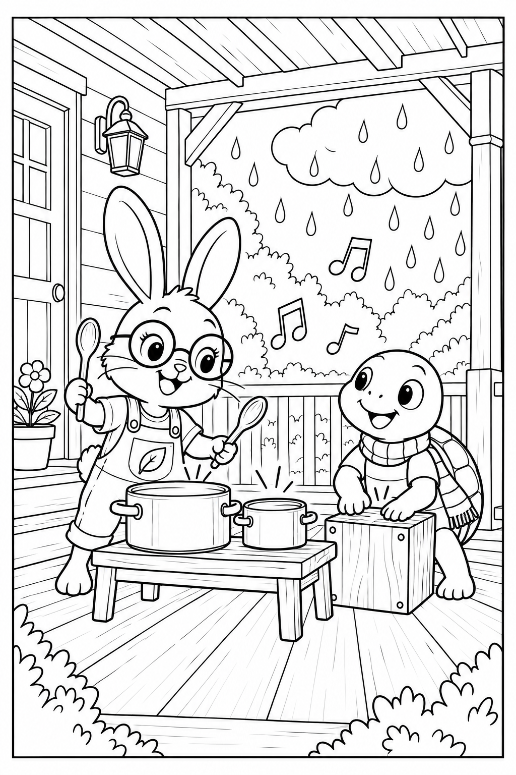 Lila the rabbit, wearing round glasses and dungarees with a leaf patch, plays cooking pots beside Tito the turtle, who taps a wooden box under a porch. Outlined raindrops and music notes surround them within a complete black frame.