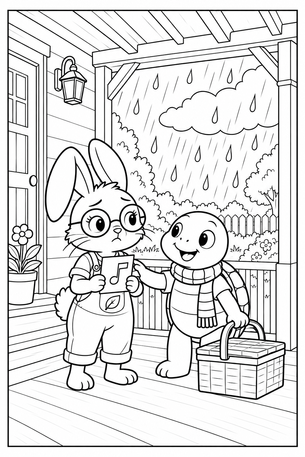 Lila holds a concert invitation marked with a music note beneath a porch roof. Tito stands beside a picnic basket as rain falls in the garden. All coloring areas are white inside a black frame.