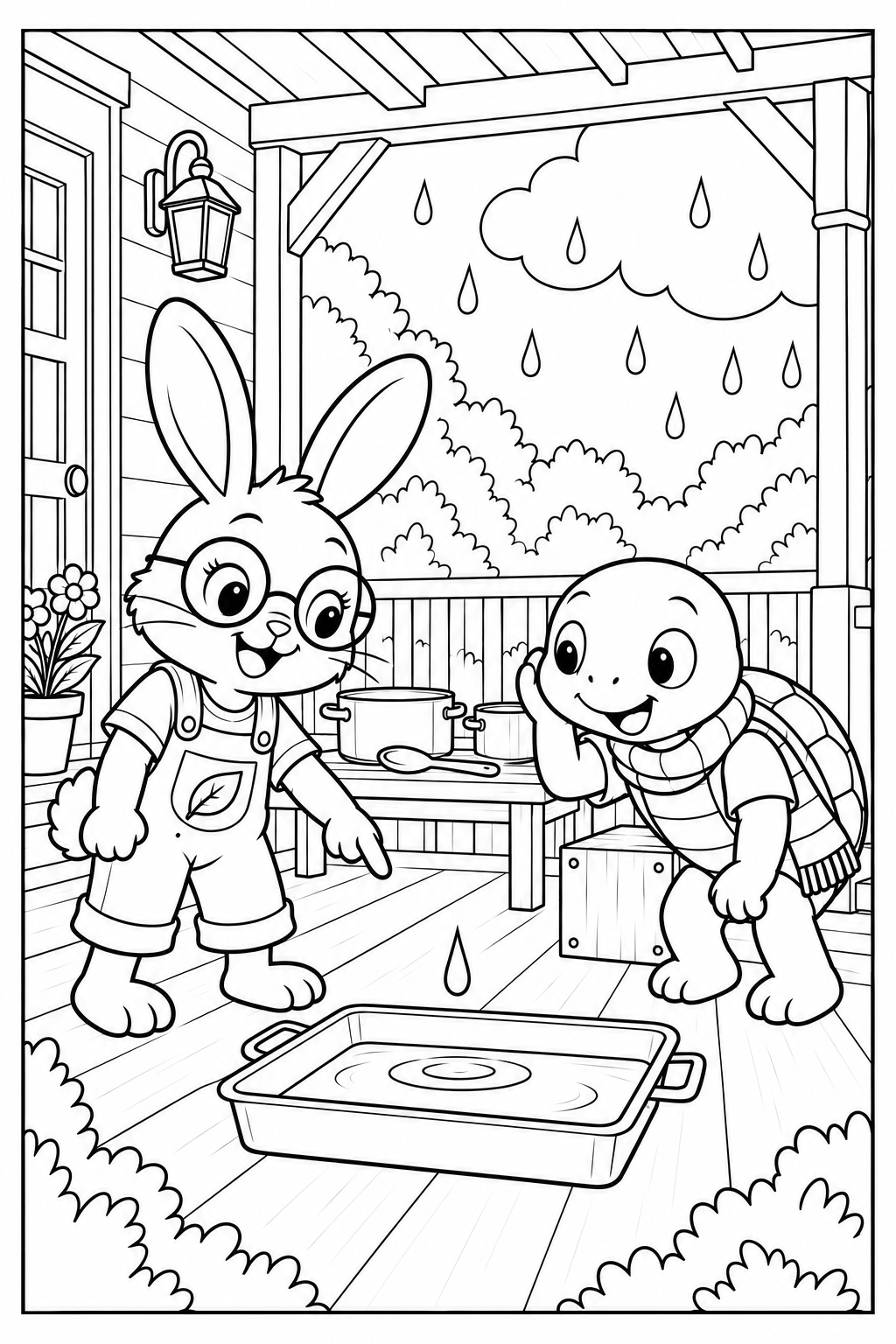 A raindrop lands in a shallow metal pan at the edge of the porch. Lila points toward it while Tito listens beside two pots and a wooden spoon, within a full black border.