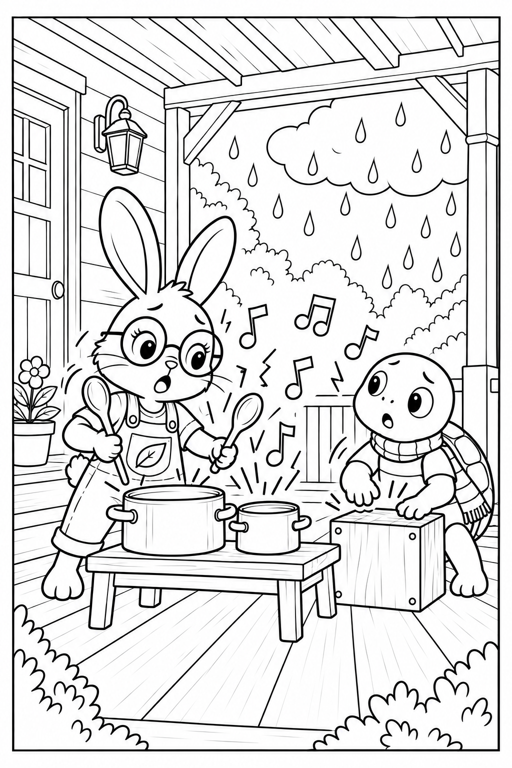 Lila strikes two pots with wooden spoons while Tito taps a wooden box. Their surprised faces and a jumble of outlined notes show that the music is too busy. The porch and page frame remain clearly visible.