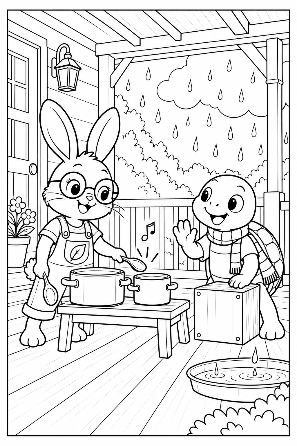 Lila gently taps one pot with a single spoon and holds the other spoon still. Tito listens with one hand raised beside his wooden box. Spacious black outlines show a quiet moment under the porch.
