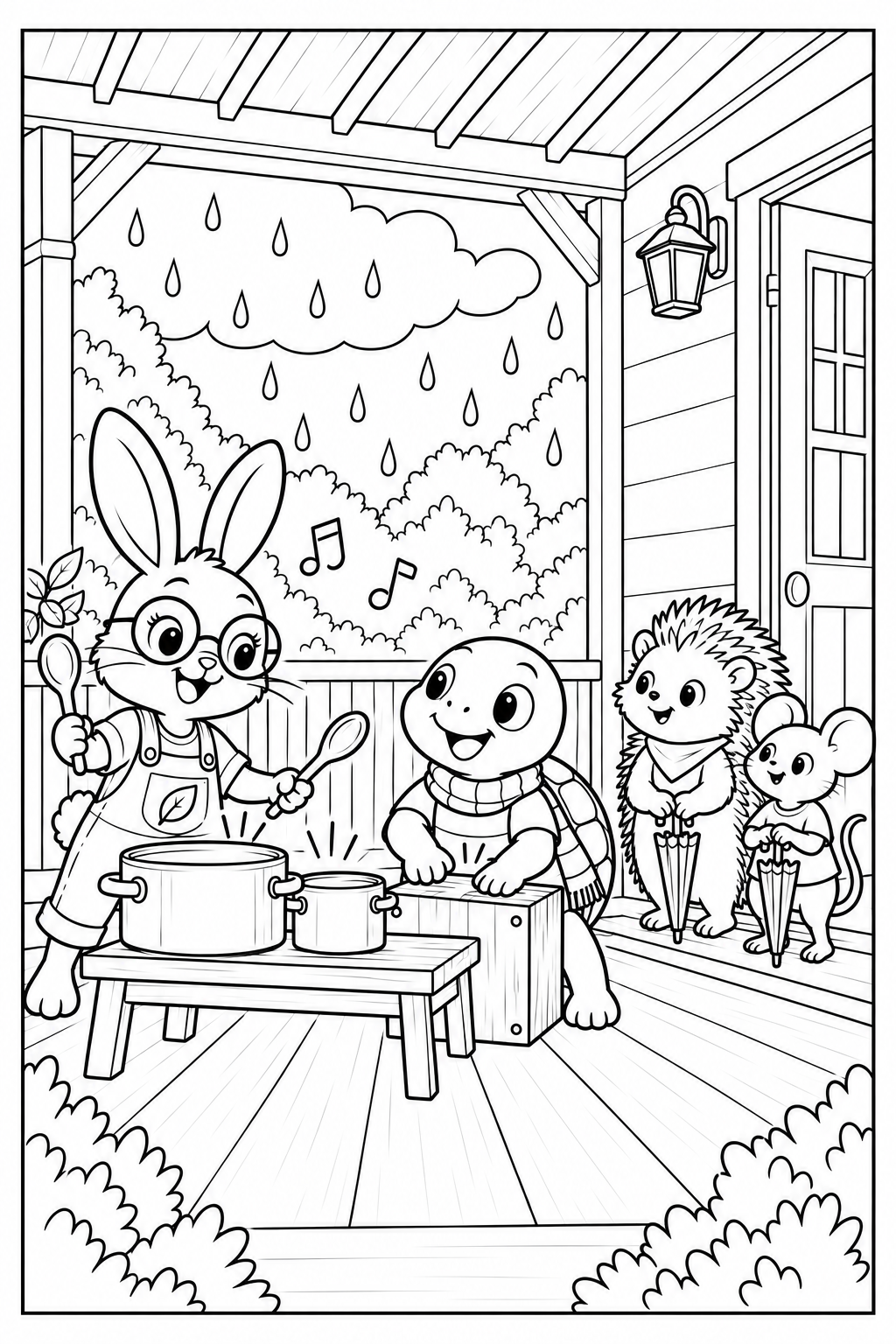 Lila sings beside her two cooking pots while Tito keeps a gentle beat on his wooden box. A hedgehog and a mouse listen from the porch entrance with folded umbrellas, inside a complete page frame.
