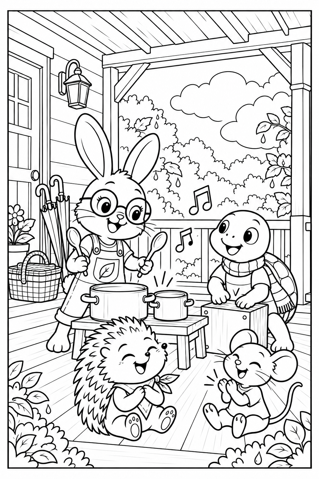 Under the porch, Lila plays her pots, Tito taps the wooden box, a hedgehog hums and a mouse claps. Their folded umbrellas rest by the doorway as the rain clears. A thin black frame surrounds the whole picture.