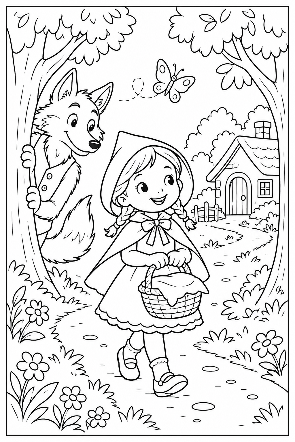 Little Red Riding Hood with two braids and a cloth-covered basket on a forest path; a wolf in a waistcoat peeks from a tree near grandmother’s cottage. Thin black side borders frame the white coloring illustration.