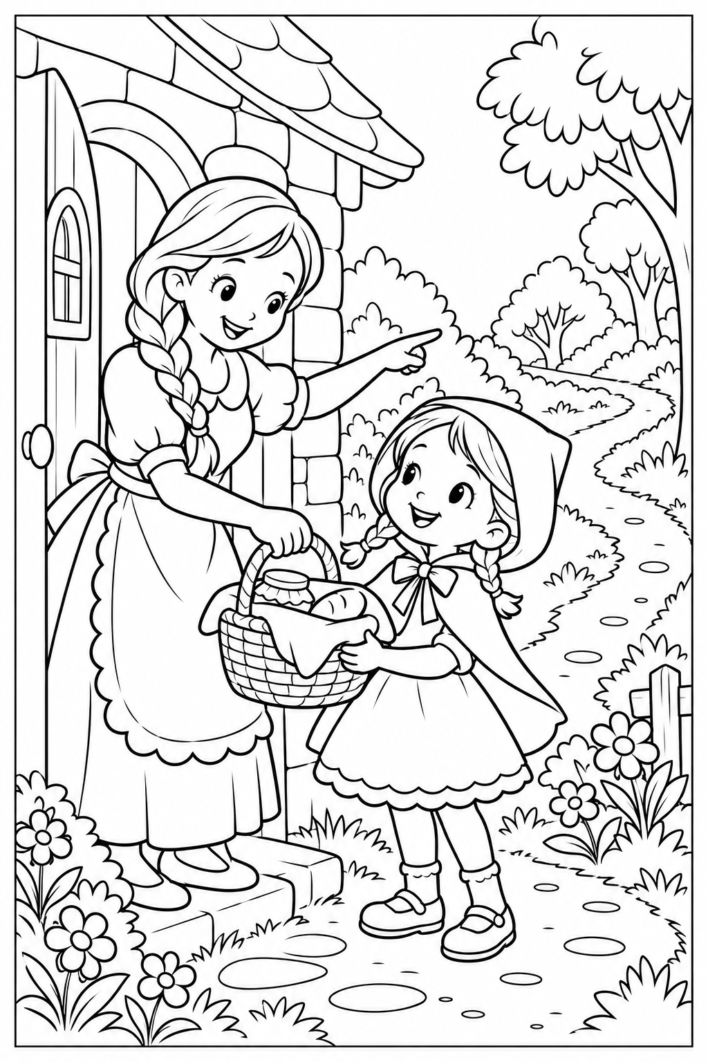 A mother with a long braid and an apron hands a basket to Little Red Riding Hood at their cottage doorway, pointing toward the woodland path; a thin black frame surrounds the white page.