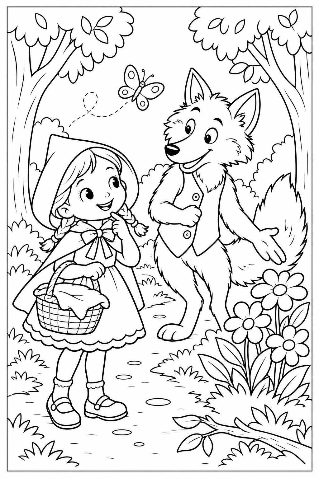 Little Red Riding Hood holds her basket on a woodland path while the wolf gestures toward flowers beside a smaller path; both are outlined in black within a thin page border.