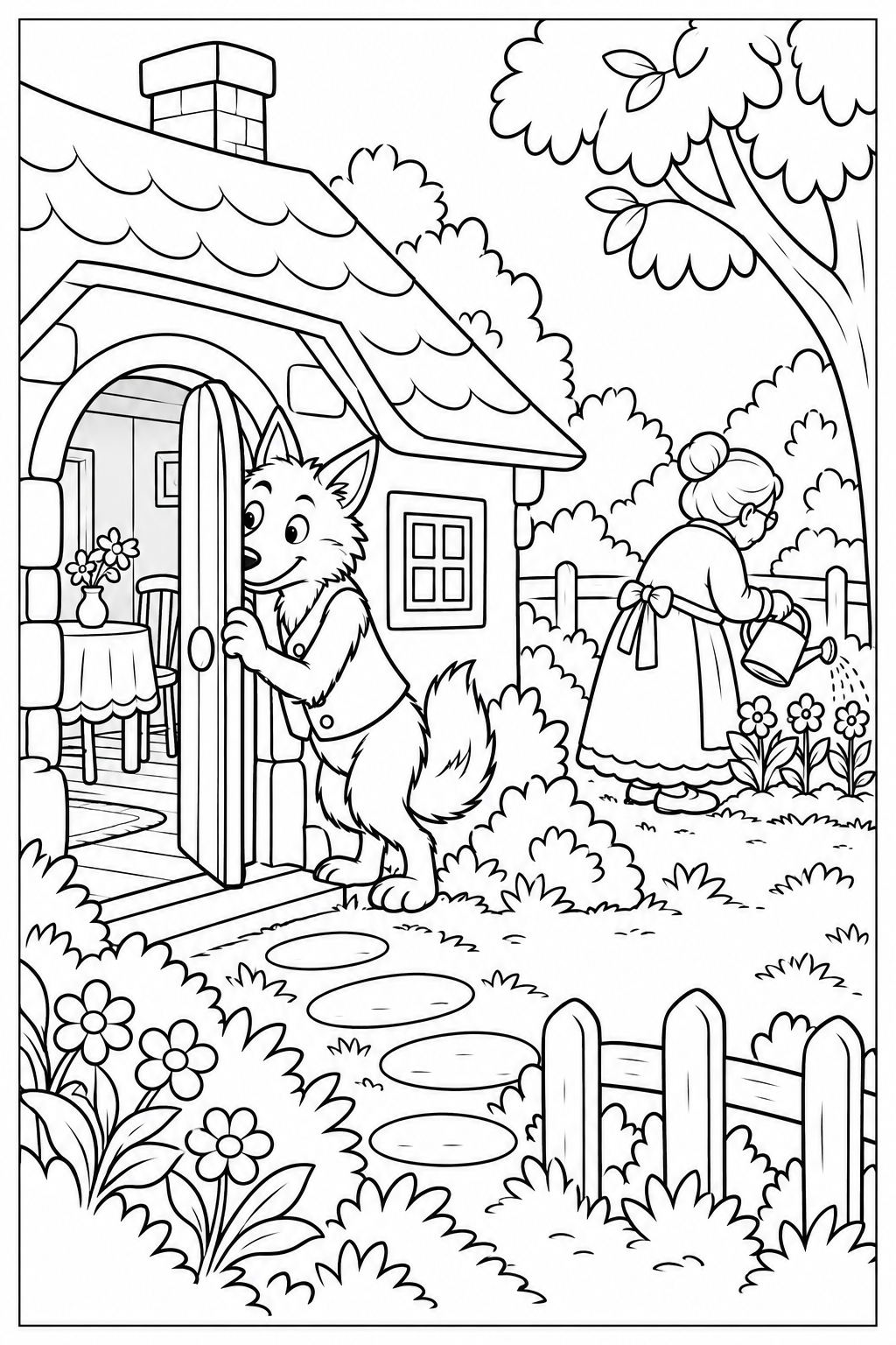 The wolf opens the rounded cottage door while Grandmother, with a bun and round glasses, safely waters plants in the garden; thin black borders surround the white illustration.