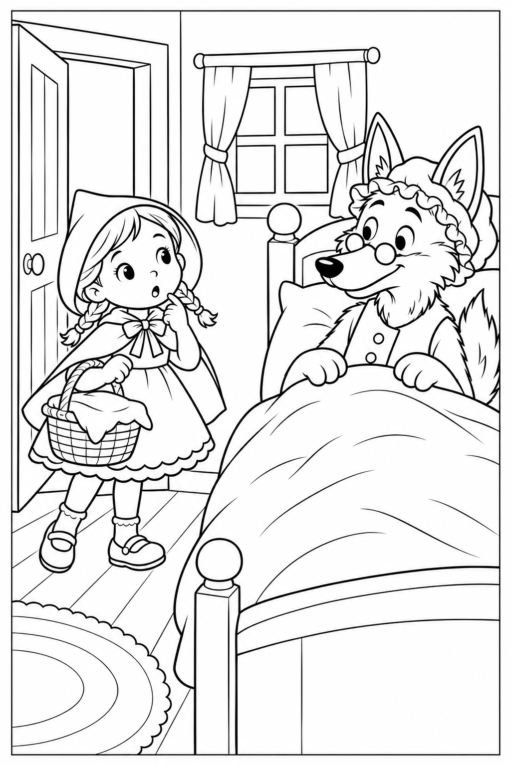 The wolf wears round glasses and a frilly nightcap in Grandmother’s bed; Little Red Riding Hood stands back with her basket, looking puzzled at his big ears. White coloring areas and a thin black frame.