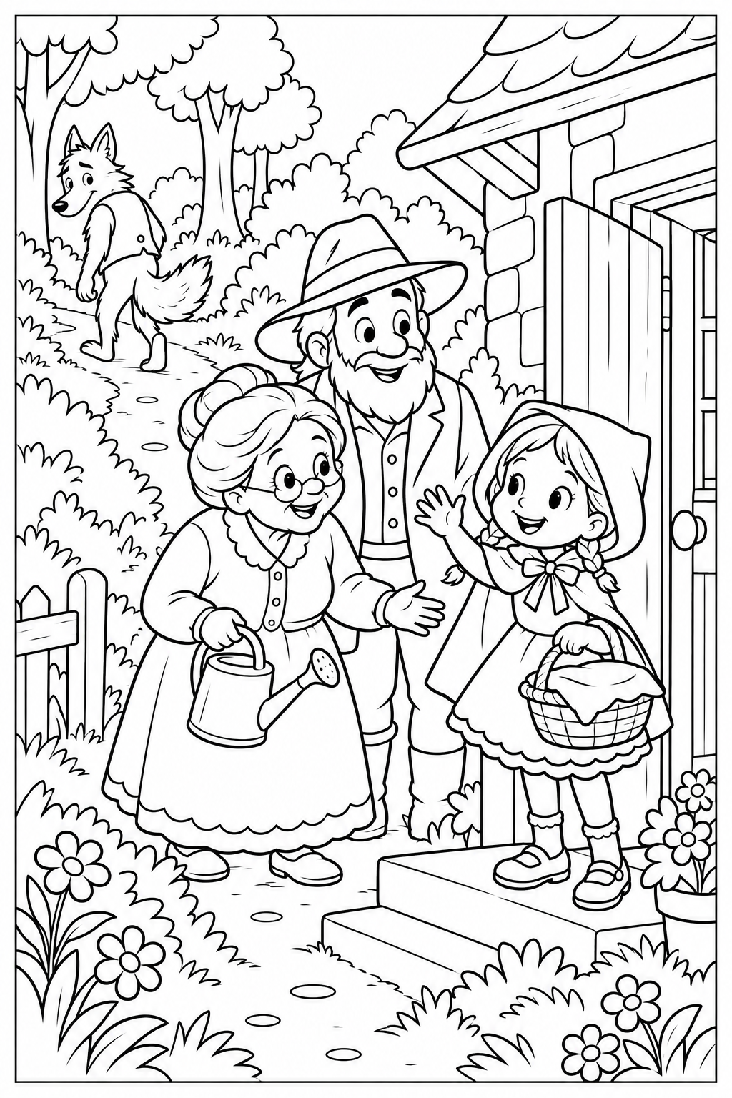Little Red Riding Hood calls from the cottage doorstep; Grandmother approaches with a watering can beside a friendly bearded forester, while the wolf walks away along the path. Thin black side borders and white background.