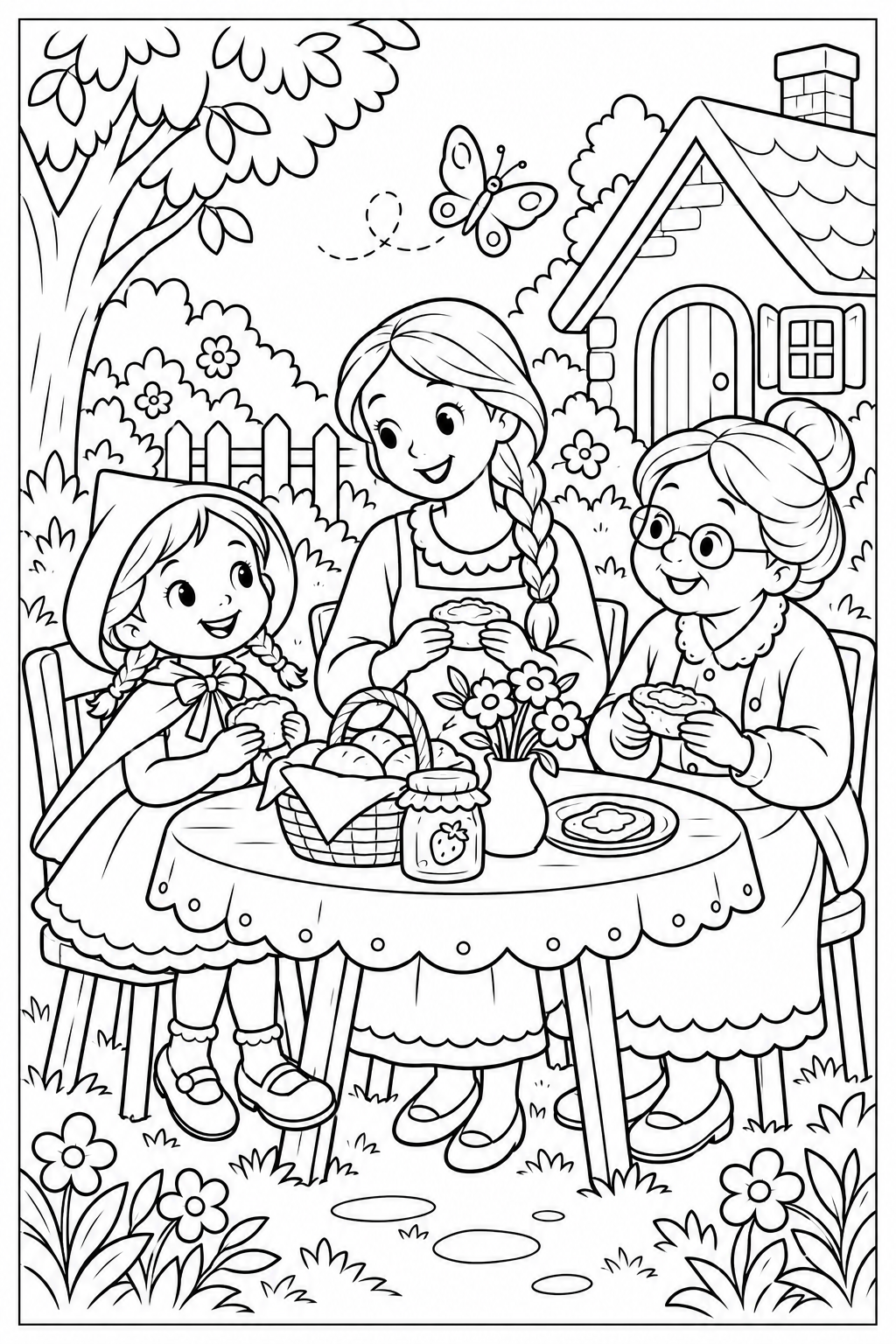 Little Red Riding Hood, her mother with a braid and apron, and Grandmother with a bun and glasses share bread and jam at a garden table beside a basket and vase of flowers; white page with a thin black frame.