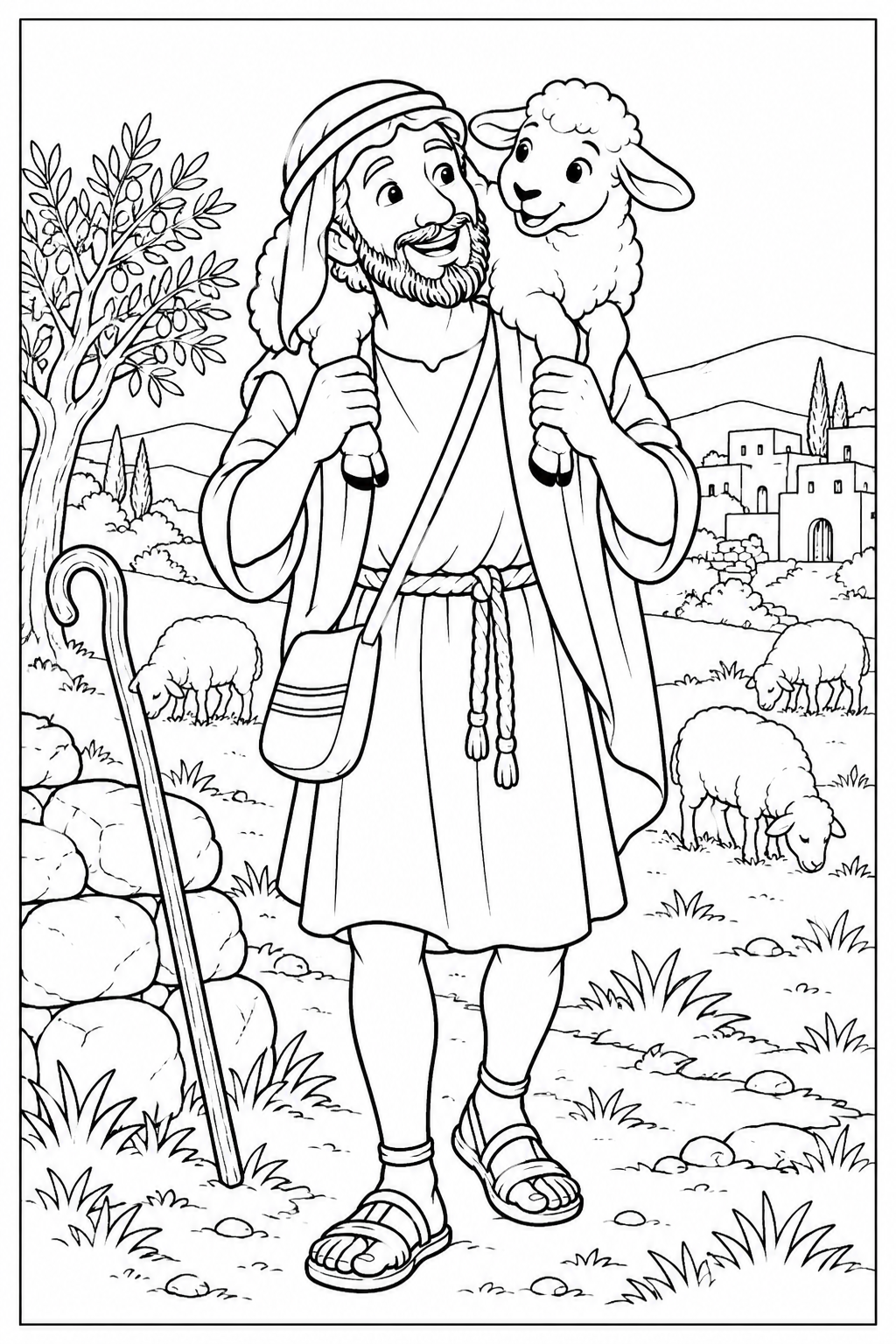 A smiling shepherd with a headcloth and striped shoulder bag carries a little sheep on his shoulders. Other sheep graze near an olive tree, with hills and a village behind them. Black outlines, white coloring spaces and a complete page frame.
