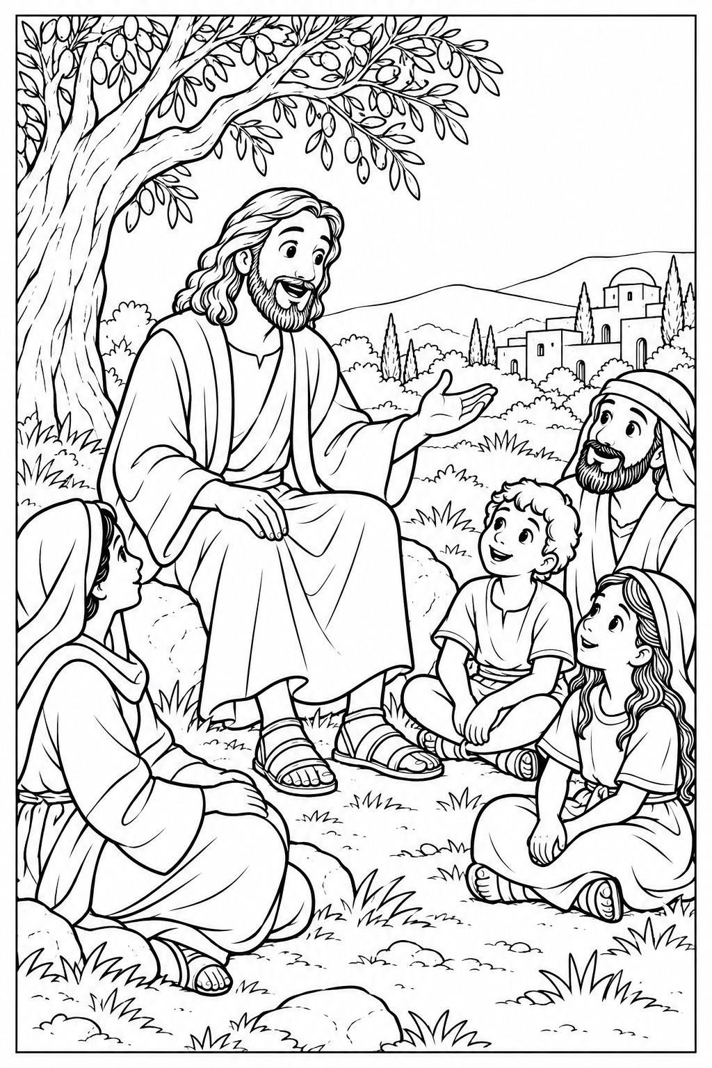 Jesus sits on a rock beneath an olive tree, telling a story to two children and two adults. Gentle hills and a village appear in the background, inside a complete black frame.