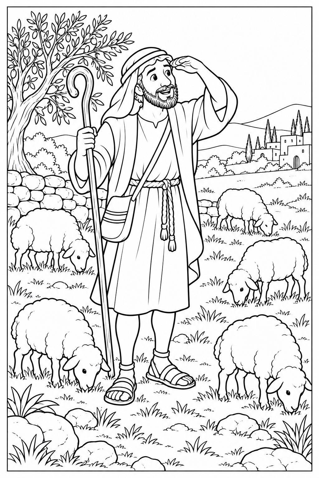 The shepherd holds his crook and looks into the distance beside grazing sheep, an olive tree and a low stone wall. The sheep shown represent part of the larger flock in the story.