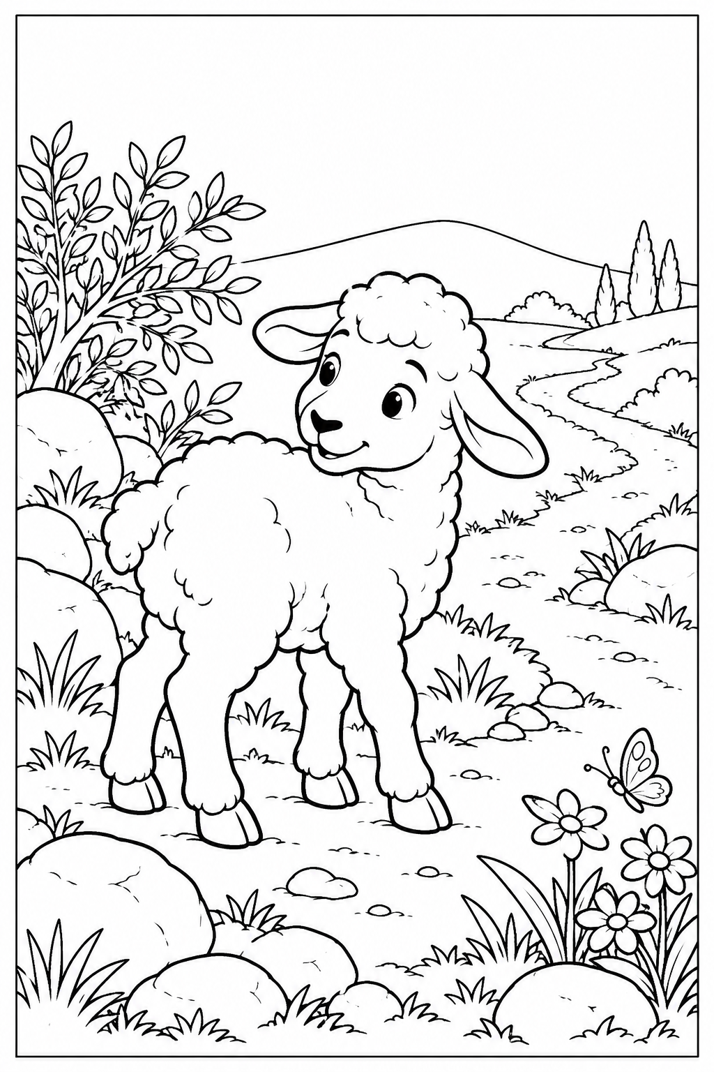 One little sheep stands alone beside a leafy shrub and rounded rocks, looking back toward an empty winding path. A butterfly and a flower add gentle details, within a complete black frame.