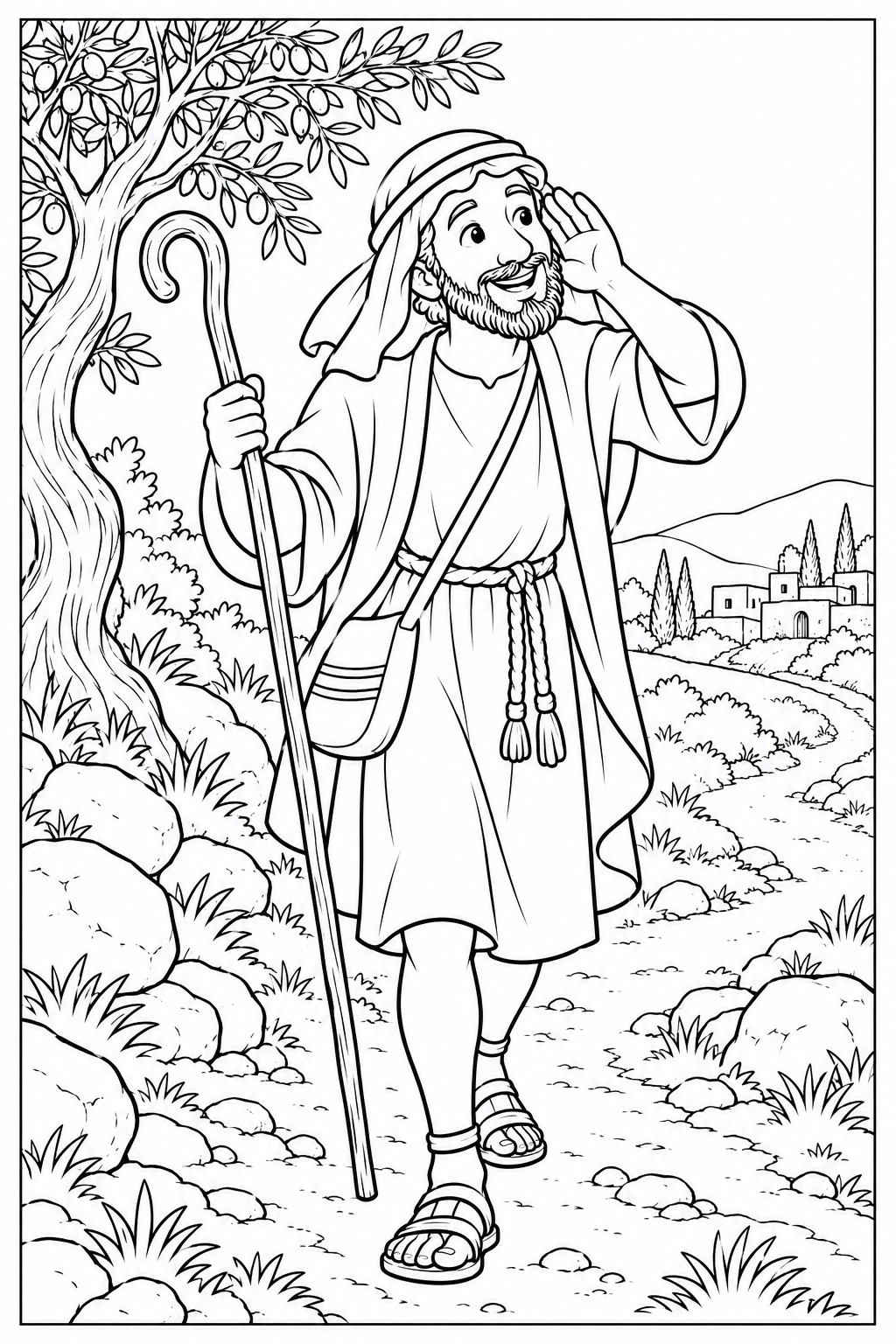 The shepherd walks along a winding hillside path with his crook and striped bag, cupping one hand near his ear to listen. Olive branches, smooth rocks and white sky surround him.