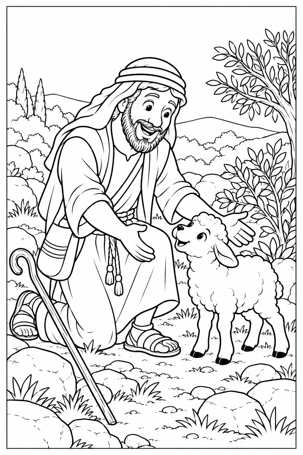 The shepherd kneels beside the little sheep and reaches out with open hands. The sheep looks up happily near a leafy bush, with the crook resting on the ground and a complete page frame.