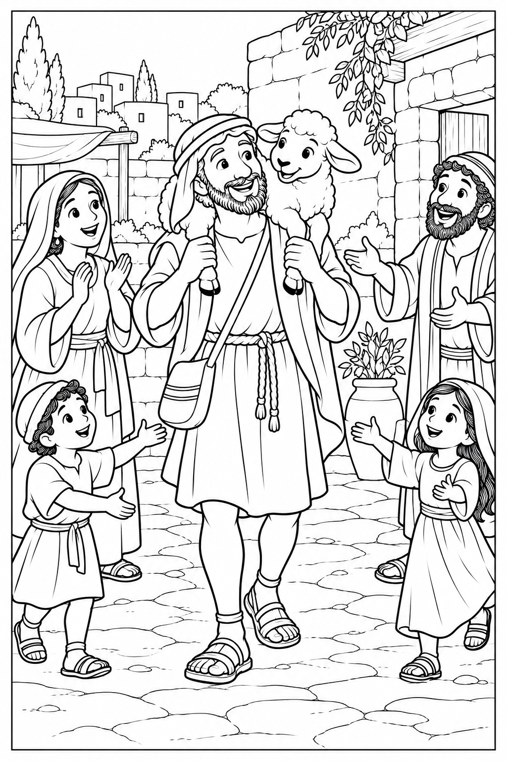 The shepherd arrives in a village courtyard carrying the sheep on his shoulders. Two adult neighbors and two children welcome them beside a stone house and a potted plant, all within a thin black frame.