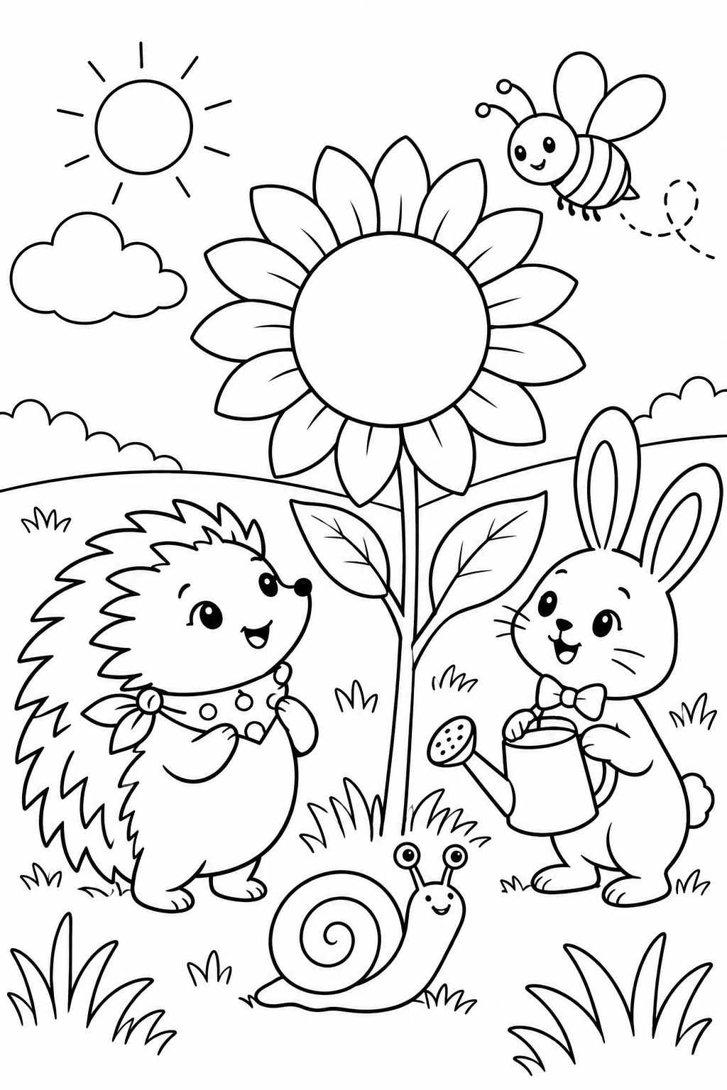 Coloring cover: Mila the hedgehog with her dotted scarf, Pip the rabbit holding a watering can, Nino the snail and Bea the bee gathered around a tall sunflower in a sunny meadow.