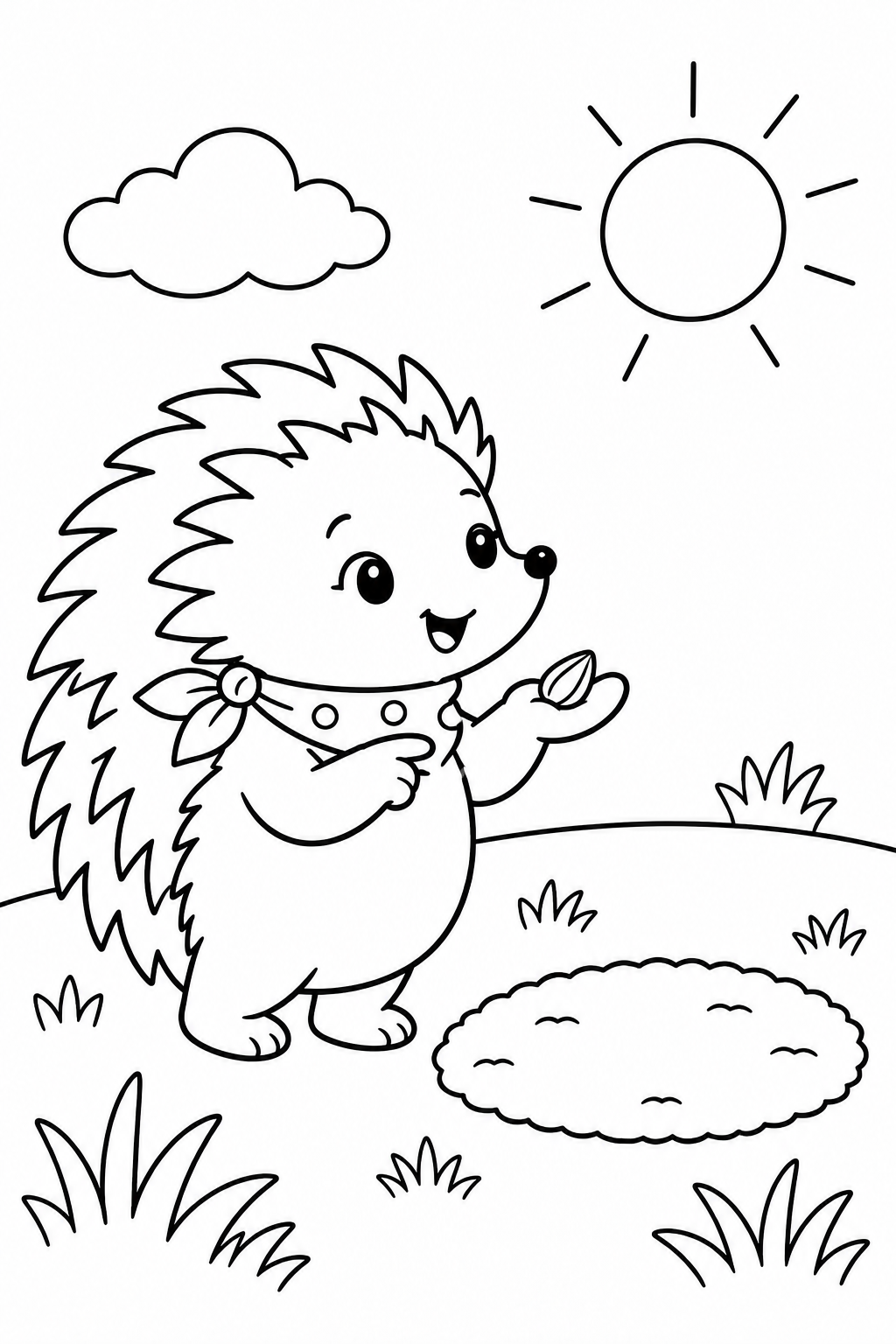 Coloring scene: Mila the hedgehog holds a small seed in her open paw and points to it beside an empty patch of soil in a sunny meadow.