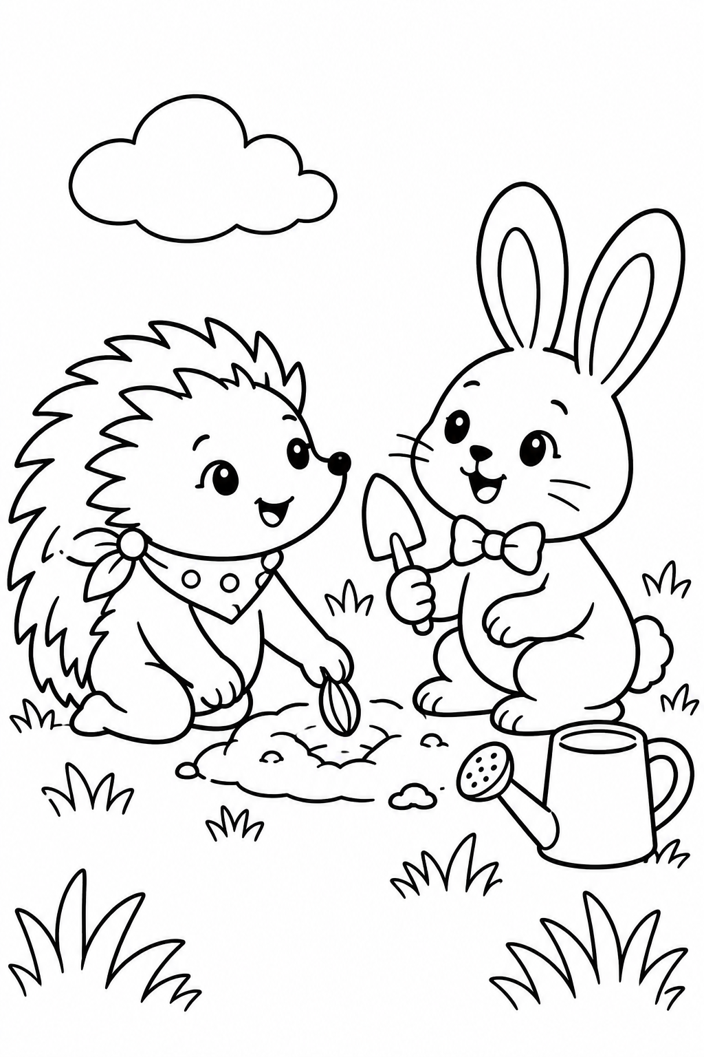 Coloring scene: Mila kneels to place a seed into a small hole while Pip the rabbit holds a garden trowel, with a watering can nearby.